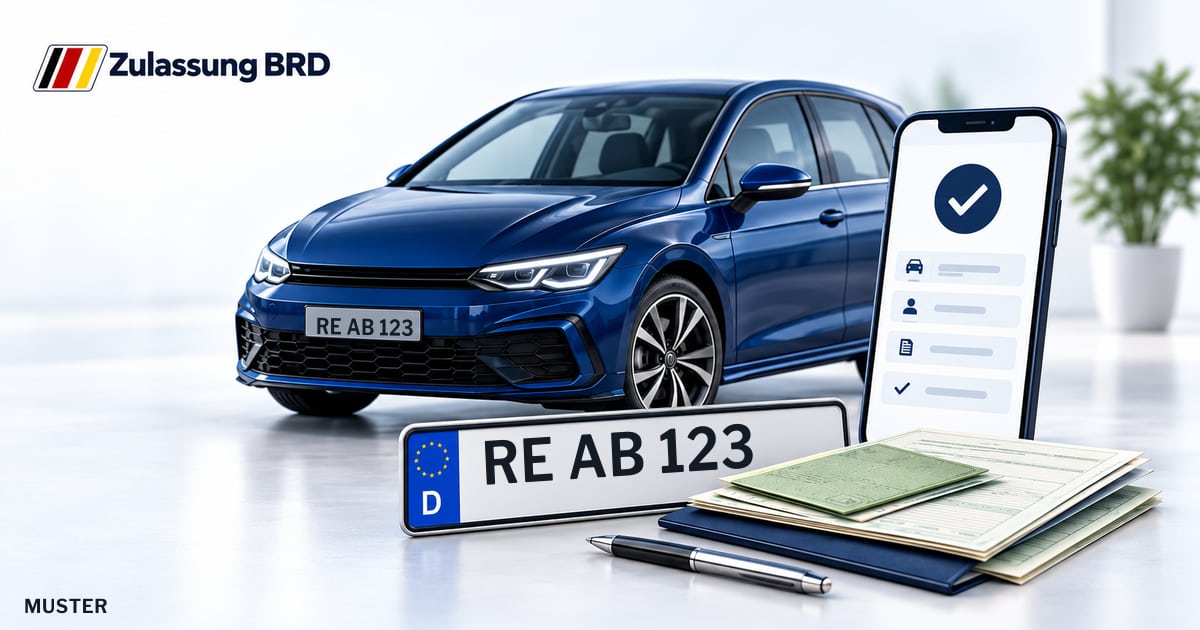Online Fahrzeugzulassung in Datteln: Musterkennzeichen RE AB 123, Auto und Fahrzeugpapiere und Smartphone. Illustration mit Logo von Zulassung BRD.